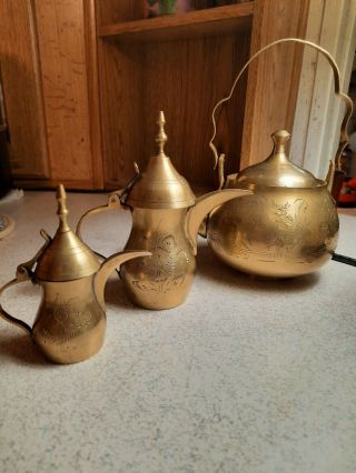 Vintage Middle Eastern Etched Brass Coffee Pots And Kettle Set