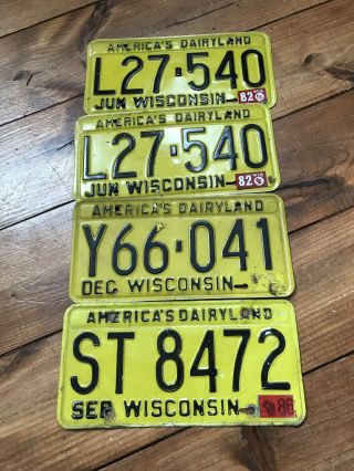 4 1980’s Vintage Wisconsin America’s Dairyland License Plates Yellow And Black