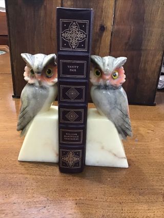 Vintage Alabaster Book Ends Hand Carved Owl Made In Italy Bookends