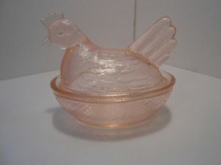 Vintage Chicken Hen On Nest Pink Glass Candy Dish Basket