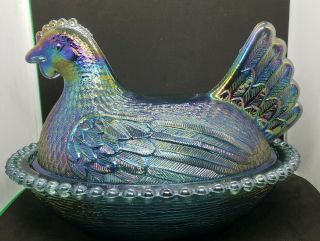 Vintage Carnival Glass Blue Iridescent Hen On Nest Candy Dish 7 " Color