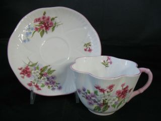 Vintage Shelley England Stocks Pattern Dainty Shape Tea Cup & Saucer Pink Trim