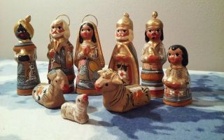 Vintage Mexican Clay Pottery Hand Painted Nativity Set 9 Piece Set Folk Art