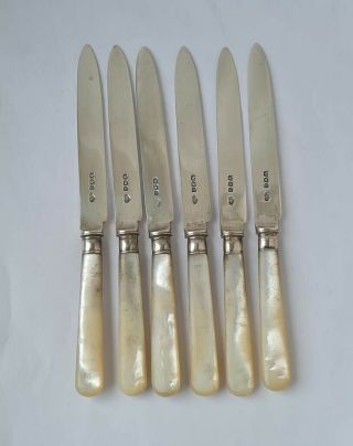Set Of 6 Antique Sterling Silver & Mop Handles Tea/ Dessert Knives 1918/l 18 Cm