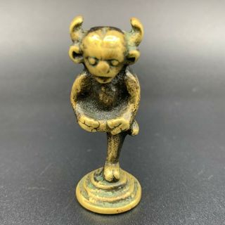 Antique Solid Bronze Horned Devil Pipe Tamper / Wax Seal Miniature Figurine Tool