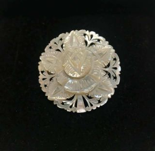 Vintage Large 1 5/8 " Wide Carved Mother Of Pearl Flower Rose Brooch Pin