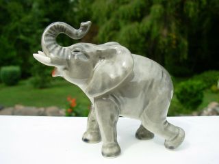 Vintage Porcelain Goebel Baby Elephant Figurine Trunk Up White Tusks 3 " Tall