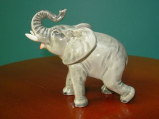 Vintage Porcelain Goebel Baby Elephant Figurine Trunk Up White Tusks 3 