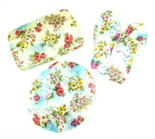 Vintage Trina Floral Travel Matching Plastic Shower Cap Slippers Carry Pouch
