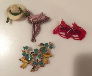 Three Vintage Celluloid & Plastic Figural Pins/brooches—cowboys,  Horses & Birds