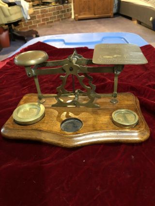 Antique English Postal Scale Brass With Wood Platform