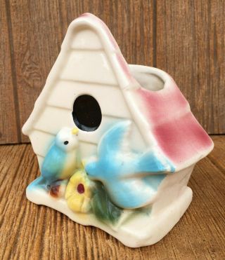 Vintage Mccoy Shawnee Usa Pottery Bird House Wall Pocket Planter Vase Blue Pink