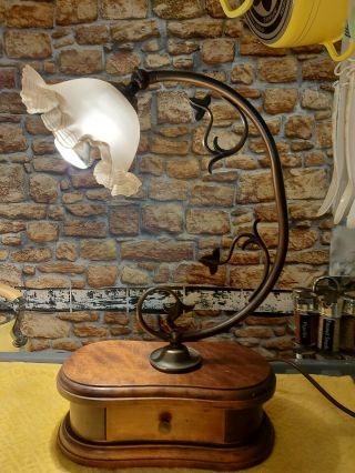 Unique Antique Art Nouveau Wooden Lamp With Draw & Unusual Glass With Stripe.