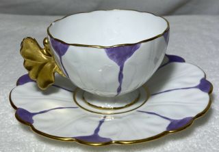 Aynsley English Bone China Tea Cup Saucer Butterfly Handle Purple Gold Antique