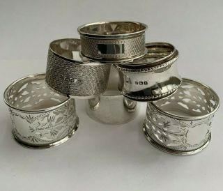 Antique Solid Hallmarked Silver Set Of Six Mismatched Napkin Serviette Rings