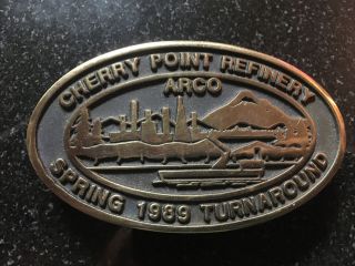 Vtg 1989 Arco Gas Oil Cherry Point Refinery Spring Belt Buckle Anacortes Usa