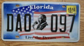 Single Florida License Plate - 2016 - Da0 097 Maritn Luther King Live The Dream