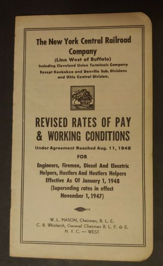 Vintage 1948 York Central Railroad Co.  Rates Of Pay & Work Rules Booklet