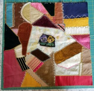 Vtg Unfinished Unique Crazy Quilt Hand Sewn Piece Fabric 19 X 19 " X 3 Embroidery