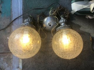 Vintage Clear Cut Crackled Glass Mid Century Swag Hanging Double Light/lamp