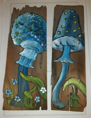 Vintage Folk Art Mushrooms And Flowers Painted Scrap Wood Blue Green Early 70s