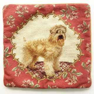 Vintage Wool Needlepoint Pillow Cover Shaggy Dog Pink Floral 13x14