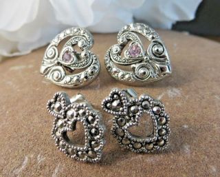 Vintage 2 Pair Silvertone Heart Marcasite Post Earrings 1 Signed Avon 145