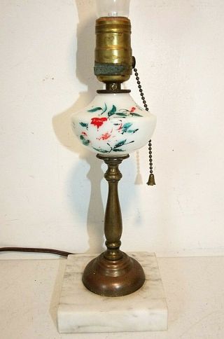 Small Vintage Table Lamp,  Brass And White Milk Glass With Marble Base,  11 " Tall