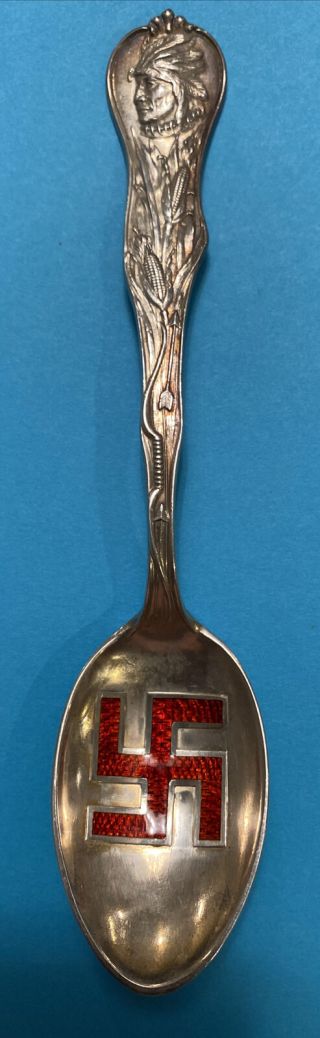 Signed Old Pawn 1920s 925 Silver Enamel Swastika Native American Indian Spoon