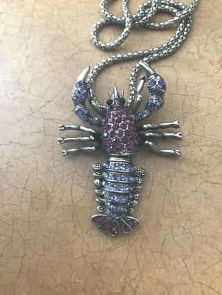 Vtg Retro Purple Lobster Rhinestone Necklace Pendant Box Chain 2 "
