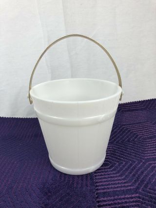 Vintage White Milk Glass Ice Bucket W Hammered Brass Handle Barware