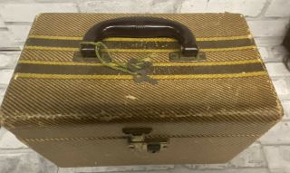 Vintage Faux Tweed Stripes Cardboard Train Case.  Suitcase.  Brown.  Decor Item
