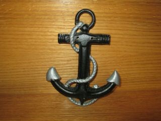 Vintage Cast Metal Nautical Wall Decor Anchor With Rope Painted Black & Silver