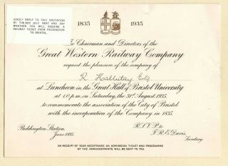 1935 Original/very Rare Great Western Railway Centenary: Invitation