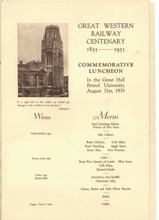 1935 Original/very Rare Great Western Railway Centenary Luncheon/guests Bristol