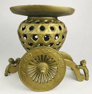 Antique Cast Iron Japanese Usubata Ikebana Rickshaw Garden Cart Flower Vase