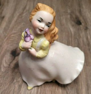 Vintage Holland Mold Ceramic Figurine Girl In Dress & Purple Flowers
