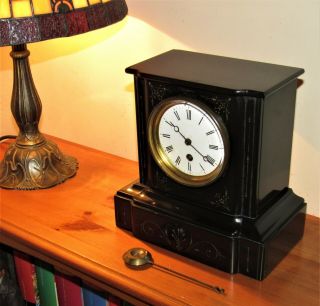 Delightful Late 19th Century French Black Marble/slate Mantle Clock