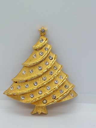 Vintage Jj Jonette Clear Rhinestone Gold Tone Christmas Tree Brooch Pin