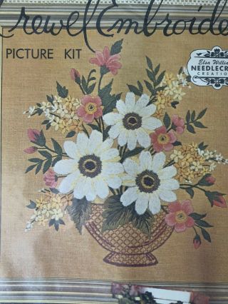 Spring Bouquet Vintage Elsa Williams Linen Crewel Embroidery Kit Unworked