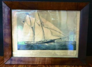 Antique Framed Currier & Ives Lithograph The Yacht Henrietta Of Ny