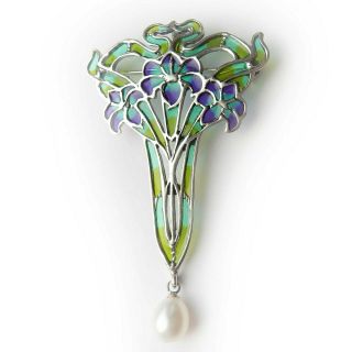 Arts & Crafts Pearl Droplet Plique A Jour Enamel Brooch Pendant Sterling Silver