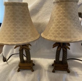 Vintage Palm Tree Table Desk Lamp Set Of 2 16” Tall With Shade