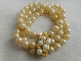 Vtg 3 Knotted Strands 7mm Faux Pearl Bracelet W/ Pearl & Rhinestone Ornate Clasp