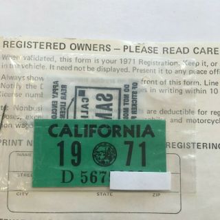 1971 Nos California Dmv License Plate Validation Tag Tab Sticker Decal
