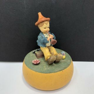 Vintage Anri Wood Plays Romeo And Juliet Boy With Horn Music Box Bird Unique