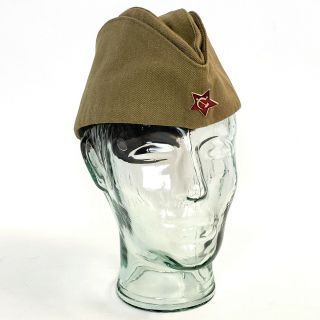Vintage Ussr Russian Soviet Era Soldier Pilotka Hat Cap With Emblem Pin Size 57