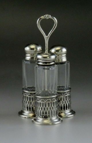 Antique American Victorian Sterling Silver Glass 3 Salt Pepper Shaker Cruet Set