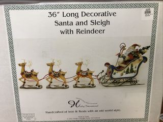 Hand Crafted Iron Long Decorative Santa And Reindeer Sleigh 36”