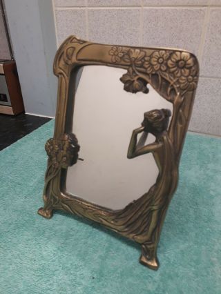 Antique Art Nouveau Brass Framed Mirror With Lady Figure Shaped Detail (stand)